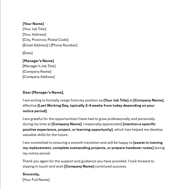 Resignation Letter - Template